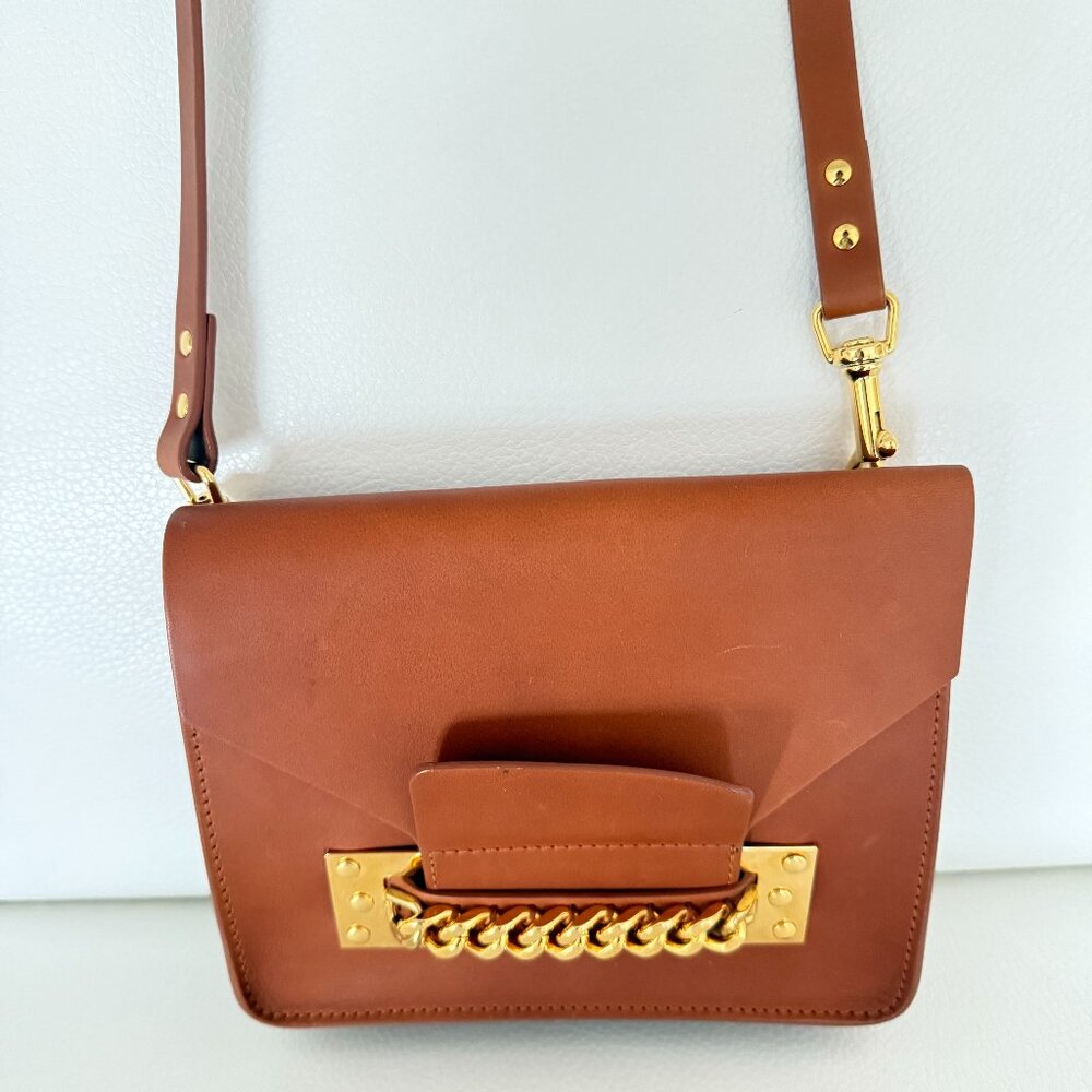 SOPHIE HULME LONDON COCKTAIL STIRRUP BAG TAN LEATHER GOLD CHAIN CROSSBODY RARE
